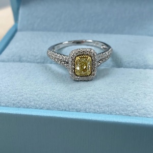 1.06CT Cushion Cut Diamond Engagement Ring 18k White Gold, Natural Fancy Yellow Cushion Diamond Ring, Split Shank Halo Engagement Ring
