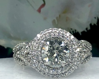 Round Diamond Engagement Ring, 1.87 TCW, 14k White Gold Double Halo Split Shank