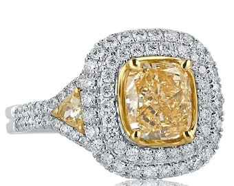 2.65 Ct Cushion Cut Engagement Ring w/ Trillion Diamond Sides, Yellow Diamond Engagement Ring, Halo Engagement Ring, Split Shank Ring, 18k