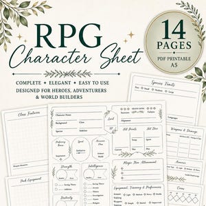 May include: A 14-page RPG character sheet PDF printable set in A5 size. The white sheets feature black text and botanical line art, including sections for character name, class, level, ability scores, skills, equipment, and various game mechanics.