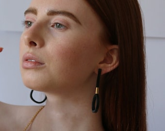 Long Black Leather Earring, leather hoop earrings, Black Drop Stud Earrings