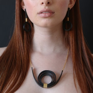 looped leather necklace, leather Statement Necklace, Gold and Leather Jewelry