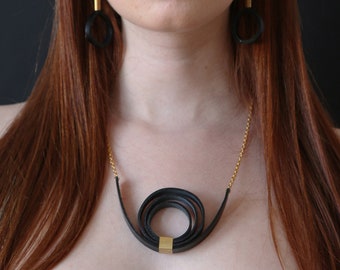 looped leather necklace, leather Statement Necklace, Gold and Leather Jewelry