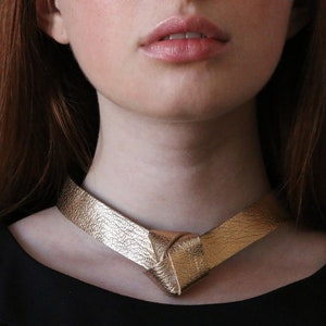 Bib Gold Leather Necklace, Statement Necklace, Handmade Necklace, Leather Collar Jewelry, Women Choker, Handmade Jewelry, Choker Necklace