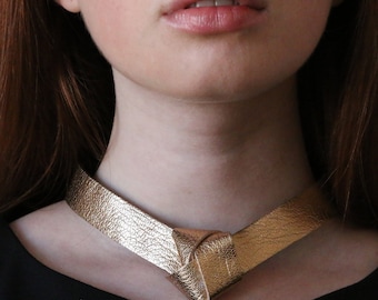 Bib Gold Leather Necklace, Statement Necklace, Handmade Necklace, Leather Collar Jewelry, Women Choker, Handmade Jewelry, Choker Necklace