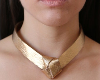 Gold leather choker, Gold Leather Necklace, handmade necklace for women's