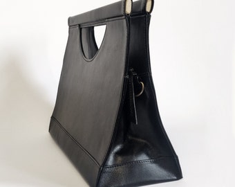 Wood Handle Crossbody in Black , Black Top Handle Bag, Leather Crossbody, Carry on Leather Bag, Black Leather Bag, Top Handle bag
