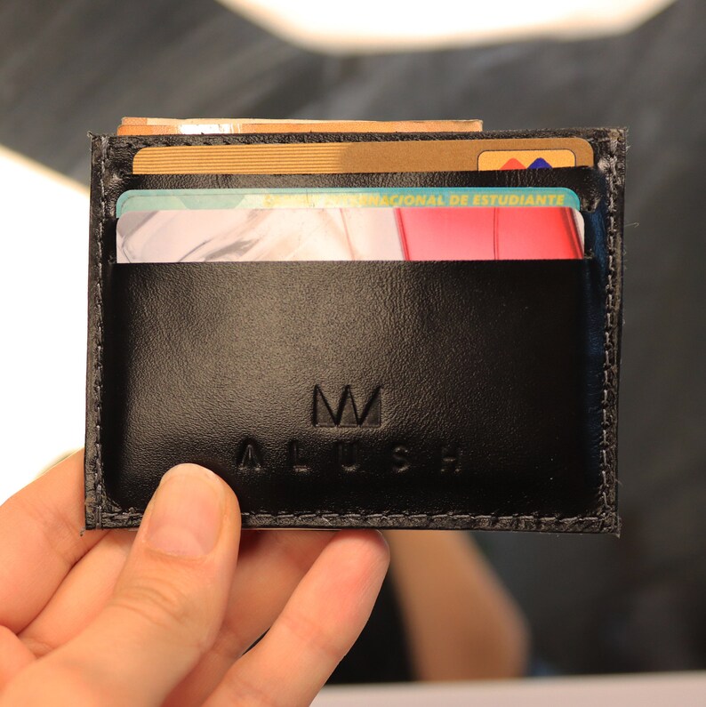 Cartera de cuero pequeña gris, cartera fina negra, cartera minimalista para hombre, cartera de bolsillo frontal, funda de tarjeta RFID delgada, cartera de cuero negro, imagen 6
