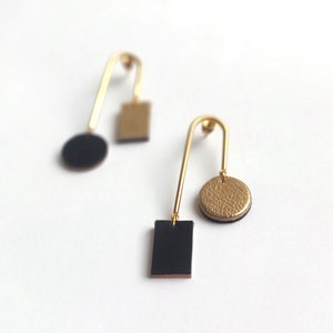 Asymmetric earrings, dangle earrings, uniqe dangle earringss for women, mobile earrings, handmade earrings, leather and gold earrings image 1