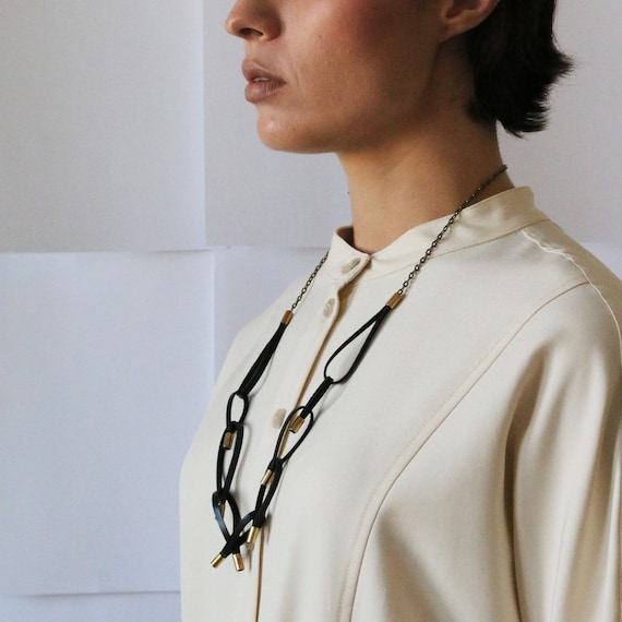 Leather Chine Hoops Necklace, Asymmetric Necklace, Leather Accessory