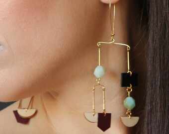 everyday earrings, colorful mobile earrings, Leather Mobile Earrings, Statement Earrings, Gold filled stud earrings, Hand made earrings