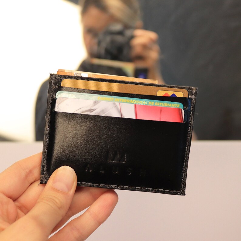 Cartera de cuero pequeña gris, cartera fina negra, cartera minimalista para hombre, cartera de bolsillo frontal, funda de tarjeta RFID delgada, cartera de cuero negro, imagen 5