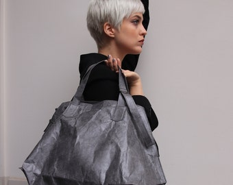 vegan shoulder bag, vegan handbag, vegan shopper bag, vegan tote bag, tyvek paper bag bag, gray shoulder bag, vegan crossbody bag