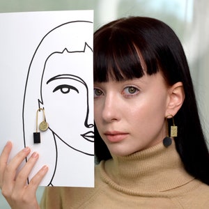 Asymmetric earrings, dangle earrings, uniqe dangle earringss for women, mobile earrings, handmade earrings, leather and gold earrings image 9
