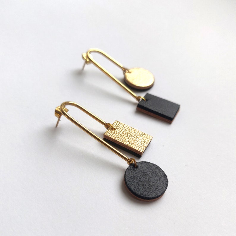 Asymmetric earrings, dangle earrings, uniqe dangle earringss for women, mobile earrings, handmade earrings, leather and gold earrings image 3