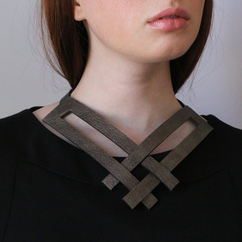 Bib Black Necklace, black Leather Necklace, contemporary jewelry, black leather choker, Big Necklace, Statement Necklace, Evening Necklace image 1