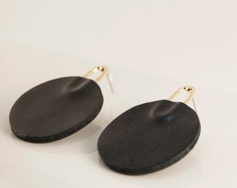 Black Circle Leather earrings, Oversized earrings, Handmade earrings, Geometric Leather earrings