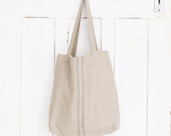 Septembre French Linen Grain Sack Tote Bag - Grey Stripe