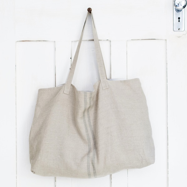 Le Marche French Linen Grain Sack Tote Bag - Grey Stripe