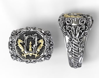 Monogram ring with gothic design - customizable - silver & gold