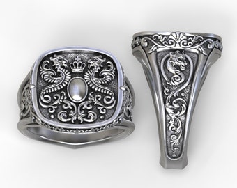 Crest ring with heraldic dragons, personalized with your name/crest