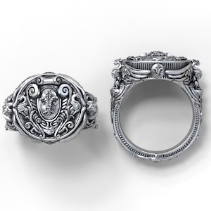 Crest ring with heraldic beasts and gothic fleurs-de-lis - Silver, Gold, Palladium, Platinum