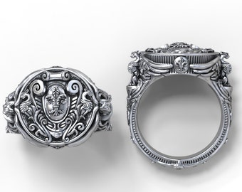 Crest ring with heraldic beasts and gothic fleurs-de-lis - Silver, Gold, Palladium, Platinum