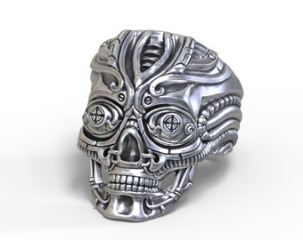 Steampunk skull ring, detailed biomechanical design