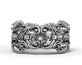 Intricate baroque ring with dolphins - solid silver, gold, platinum, palladium