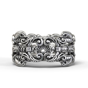 Intricate baroque ring with dolphins - solid silver, gold, platinum, palladium