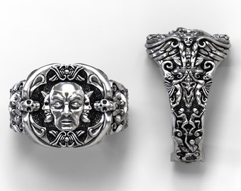 Gargoyle signet ring with an intricate fantasy design - Silver, Gold, Palladium, Platinum