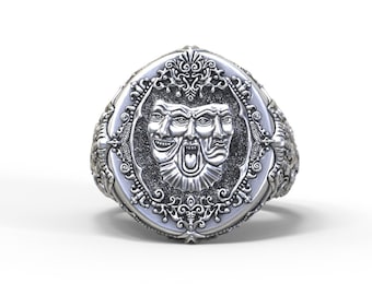 Venetian mask signet ring with detailed baroque design