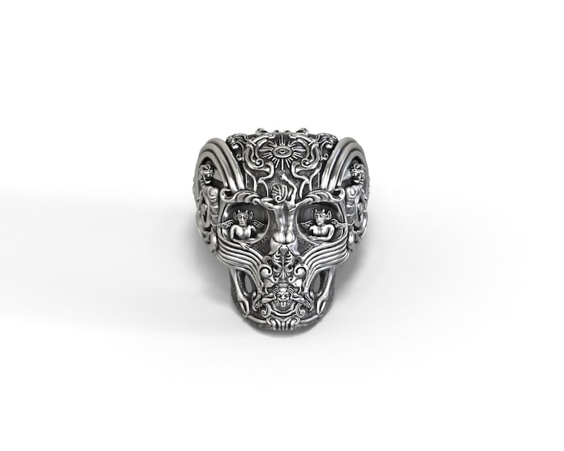 Gothic skull ring with gargoyles and a touch of fantasy image 1