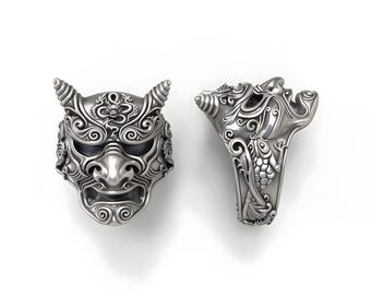Anillo llamativo escultural con máscara de Hannya, plata 935