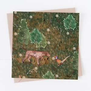 May include: A watercolour illustration of a brown and white dog with a pheasant in a green woodland setting. The dog is looking at the pheasant, which is standing on a branch. The background is a green woodland with white flowers.
