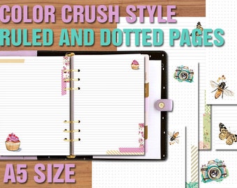 Printable a5 planner pages ruled grid and dotted inserts notes pages bullet journal color crush style