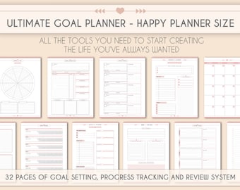 May include: A printable goal planner with 32 pages of goal setting, progress tracking, and review system. The planner is designed to fit Happy Planner size.