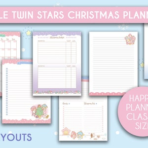 Puede incluir: Un conjunto de 10 p&aacute;ginas de planificador imprimibles con personajes de Little Twin Stars. Las p&aacute;ginas est&aacute;n dise&ntilde;adas para un planificador Happy Planner Classic e incluyen un calendario, un rastreador de presupuesto, una lista de compras y otras p&aacute;ginas &uacute;tiles. Las p&aacute;ginas est&aacute;n decoradas con un esquema de color rosa y azul y presentan copos de nieve y estrellas.