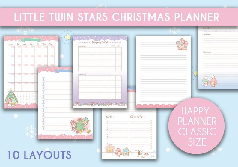 Puede incluir: Un conjunto de 10 p&aacute;ginas de planificador imprimibles con personajes de Little Twin Stars. Las p&aacute;ginas est&aacute;n dise&ntilde;adas para un planificador Happy Planner Classic e incluyen un calendario, un rastreador de presupuesto, una lista de compras y otras p&aacute;ginas &uacute;tiles. Las p&aacute;ginas est&aacute;n decoradas con un esquema de color rosa y azul y presentan copos de nieve y estrellas.
