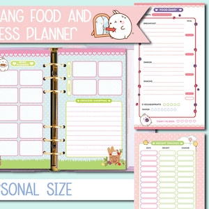 May include: A pink and blue planner with a cute bunny rabbit character. The planner has sections for meal planning, grocery shopping, a food diary, and a weight tracker. The planner is personal size.