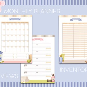 May include: Printable monthly planner, reviews and inventory sheets for a spa or beauty business. The sheets are beige with brown lines and feature a spa theme with candles, lotions, and towels.