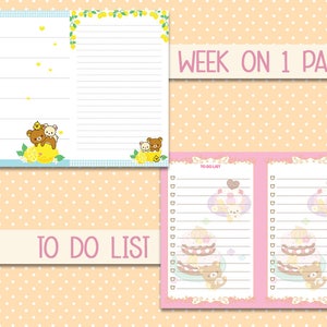 May include: A weekly planner with a lemon and bear theme. The planner has a section for each day of the week and a to-do list section. The planner is printed on white paper with a light blue and white checkered background. The text "WEEK ON 1 PAGE" is printed in black at the top of the page.