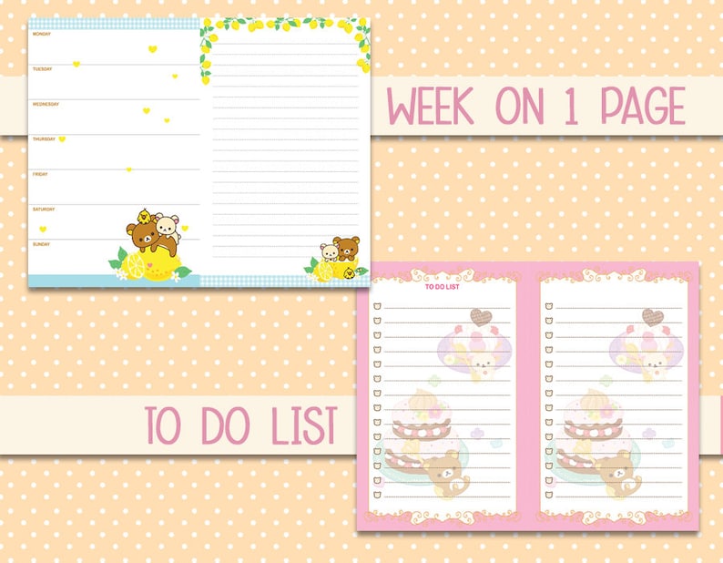May include: A weekly planner with a lemon and bear theme. The planner has a section for each day of the week and a to-do list section. The planner is printed on white paper with a light blue and white checkered background. The text "WEEK ON 1 PAGE" is printed in black at the top of the page.