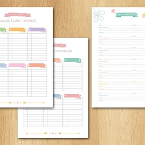 May include: Three printable pages with colorful banners and lines for organizing holidays and dates to remember, as well as a contact list. The contact list page has a title "My Contacts" with a star on each side.