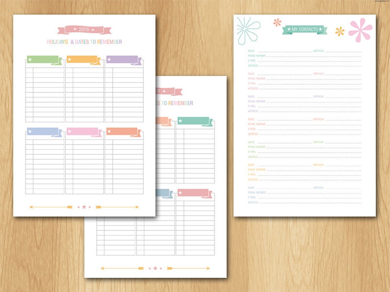 May include: Three printable pages with colorful banners and lines for organizing holidays and dates to remember, as well as a contact list. The contact list page has a title "My Contacts" with a star on each side.
