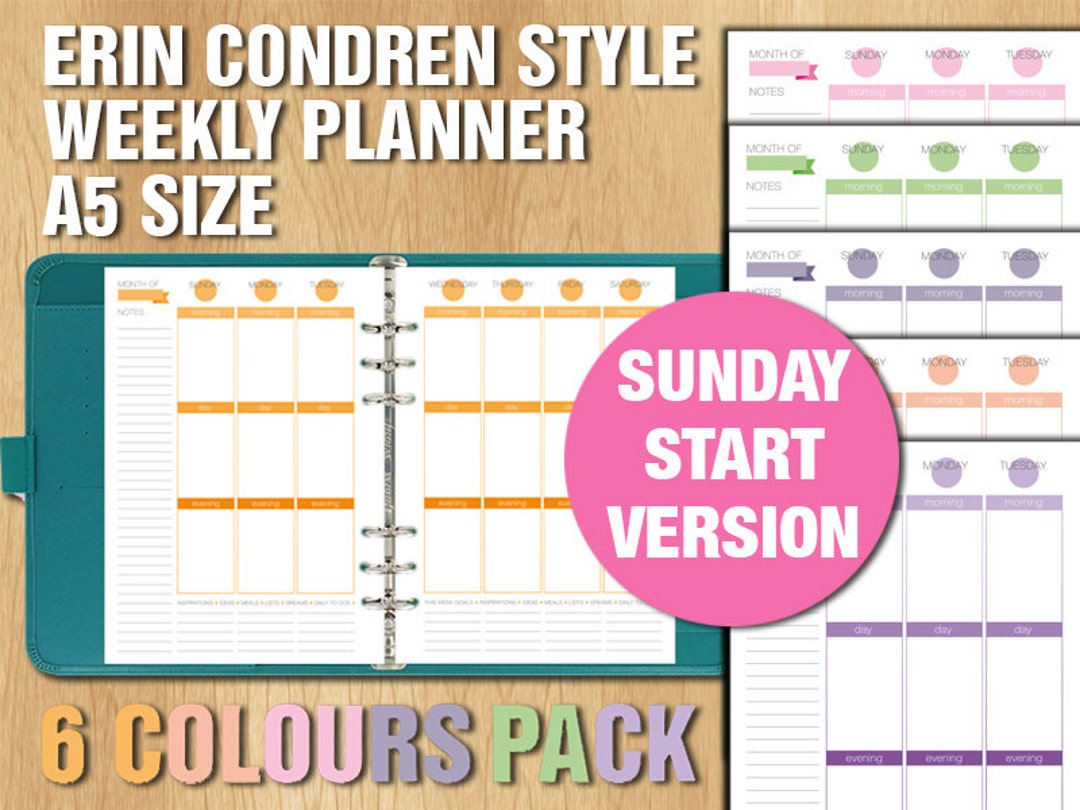 Erin Condren Style Printable Weekly Planner SUNDAY START VERSION - A5 ...