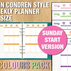 Puede incluir: Un conjunto de seis páginas de planificador semanal de colores en tamaño A5. Las páginas están diseñadas al estilo Erin Condren y presentan un diseño de inicio de domingo. Los colores incluyen naranja, verde, morado, rosa y azul.