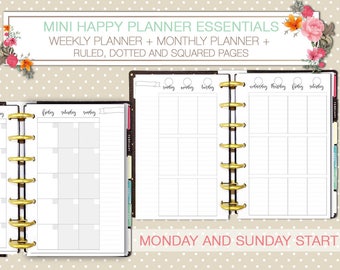 Mini Happy planner afdrukbare kit wekelijkse en maandelijkse planner voegt zwart-wit gelinieerde en gestippelde pagina's direct downloaden mambi planner