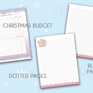 Puede incluir: Tres p&aacute;ginas de planificador de Navidad imprimibles con un esquema de color rosa y morado. Las p&aacute;ginas incluyen un rastreador de presupuesto navide&ntilde;o, una p&aacute;gina punteada y una p&aacute;gina rayada. Cada p&aacute;gina presenta una linda estrella con un dise&ntilde;o de luna y nubes.