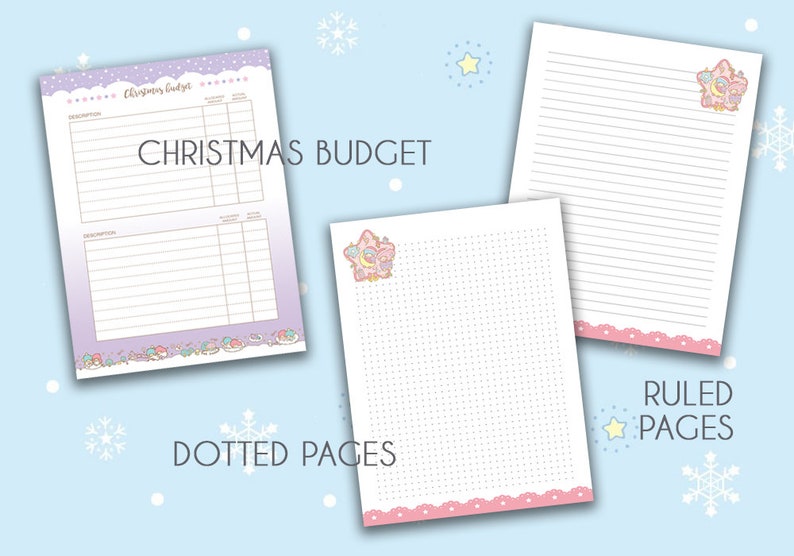 Puede incluir: Tres p&aacute;ginas de planificador de Navidad imprimibles con un esquema de color rosa y morado. Las p&aacute;ginas incluyen un rastreador de presupuesto navide&ntilde;o, una p&aacute;gina punteada y una p&aacute;gina rayada. Cada p&aacute;gina presenta una linda estrella con un dise&ntilde;o de luna y nubes.